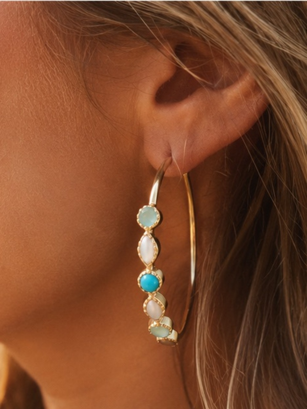 Boho Turquoise Stone Gold Hoop Earrings | Lightweight Statement Hoops - Picture 3 of 4